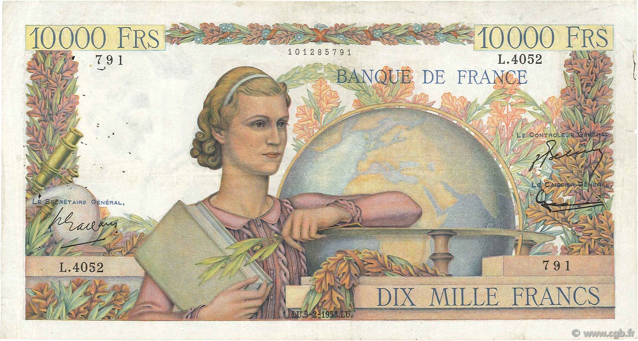 10000 Francs GÉNIE FRANÇAIS FRANCIA  1953 F.50.63 BC
