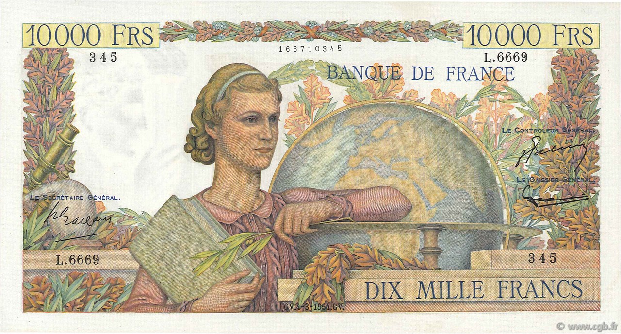 10000 Francs GÉNIE FRANÇAIS FRANCE  1954 F.50.70 XF