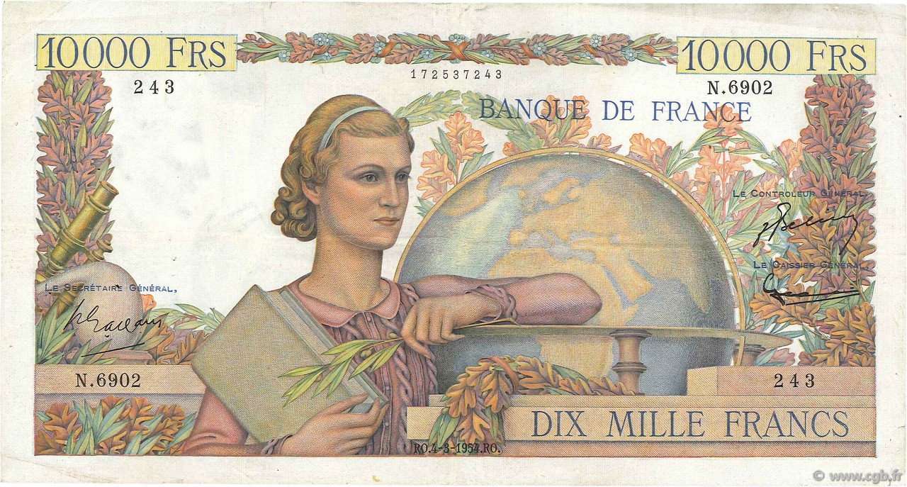 10000 Francs GÉNIE FRANÇAIS FRANKREICH  1954 F.50.70 SS