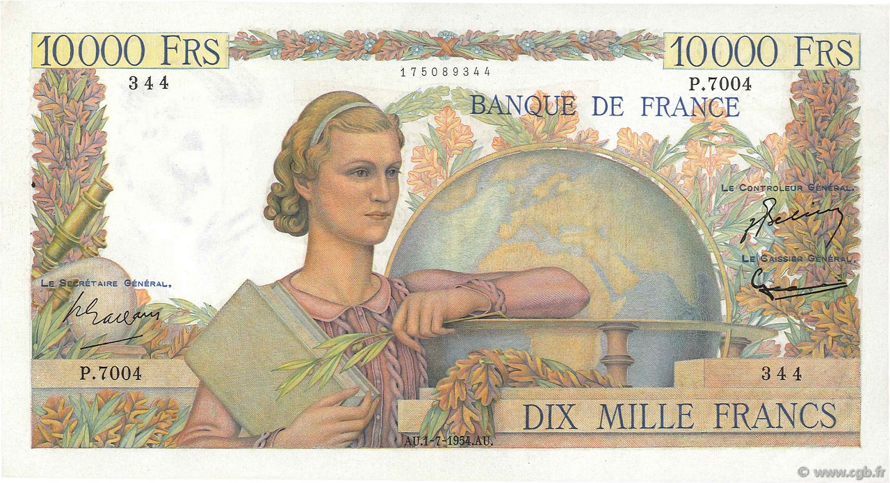 10000 Francs GÉNIE FRANÇAIS FRANKREICH  1954 F.50.71 VZ