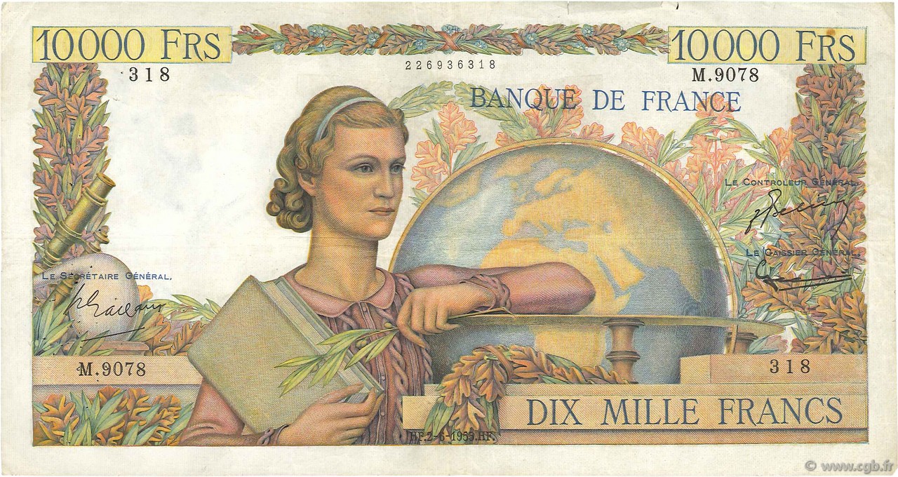 10000 Francs GÉNIE FRANÇAIS FRANCIA  1955 F.50.75 BC+