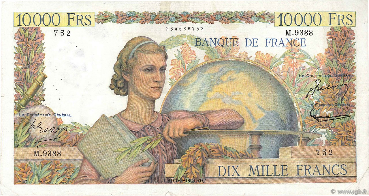 10000 Francs GÉNIE FRANÇAIS FRANCE  1955 F.50.76 F+