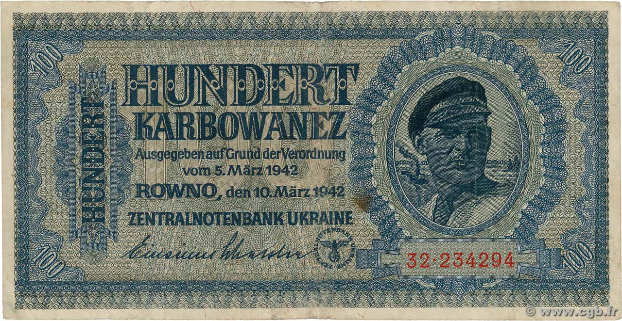 100 Karbowanez UKRAINE  1942 P.055 F+