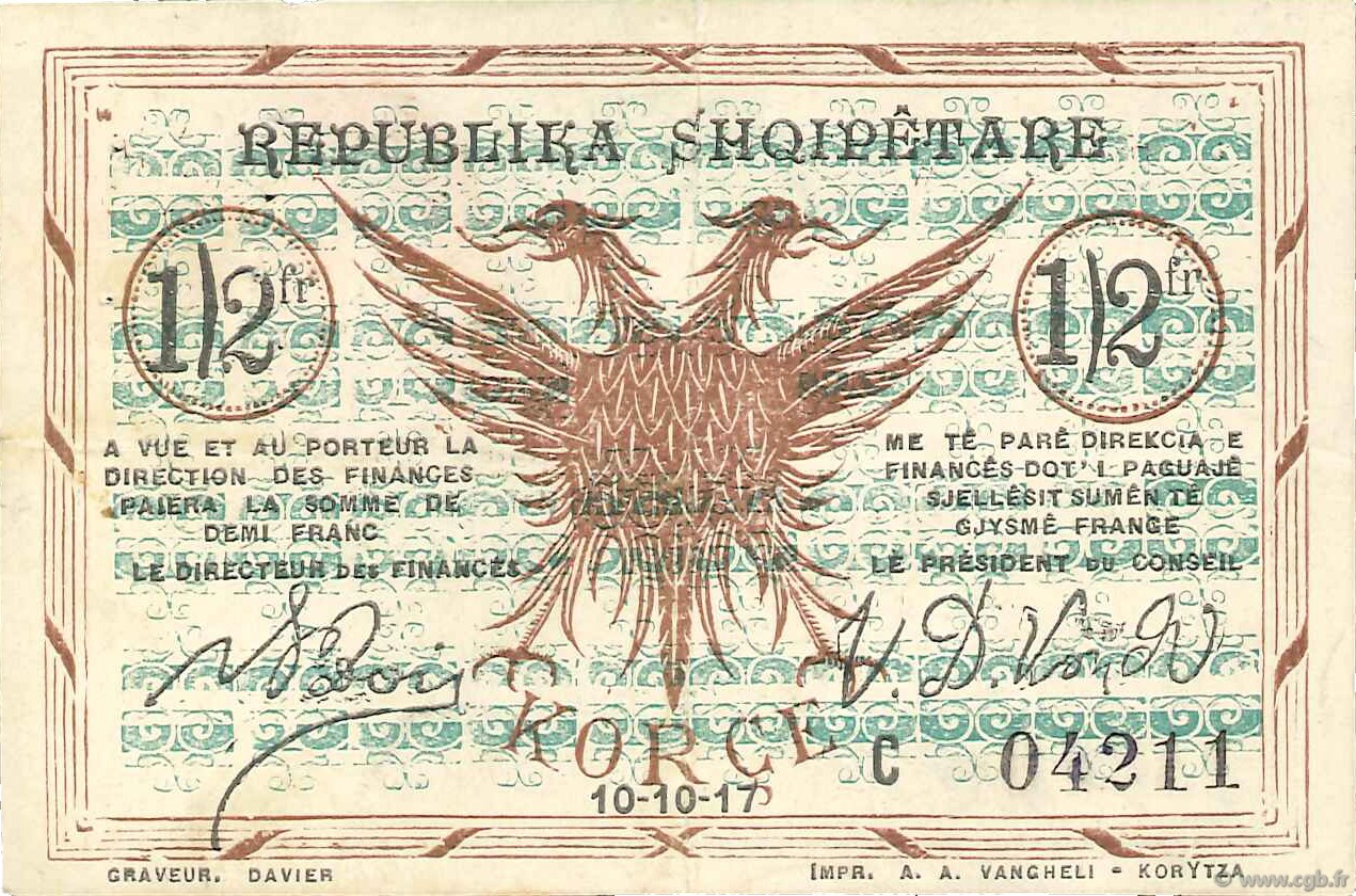 0,50 Franc ALBANIEN  1917 PS.145c fVZ