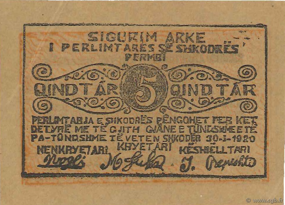 5 Qindtar ALBANIA  1920 PS.171 EBC+