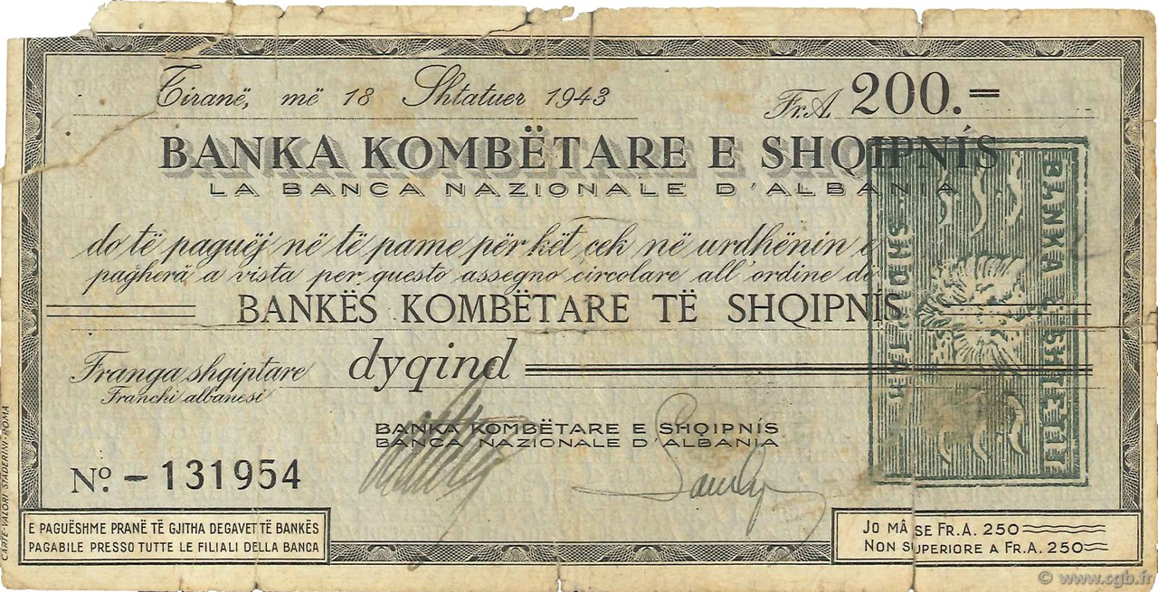 200 Franga ALBANIA  1943 P.- F