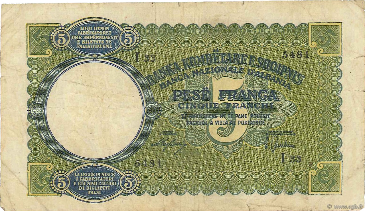 5 Franga ALBANIEN  1939 P.06a S