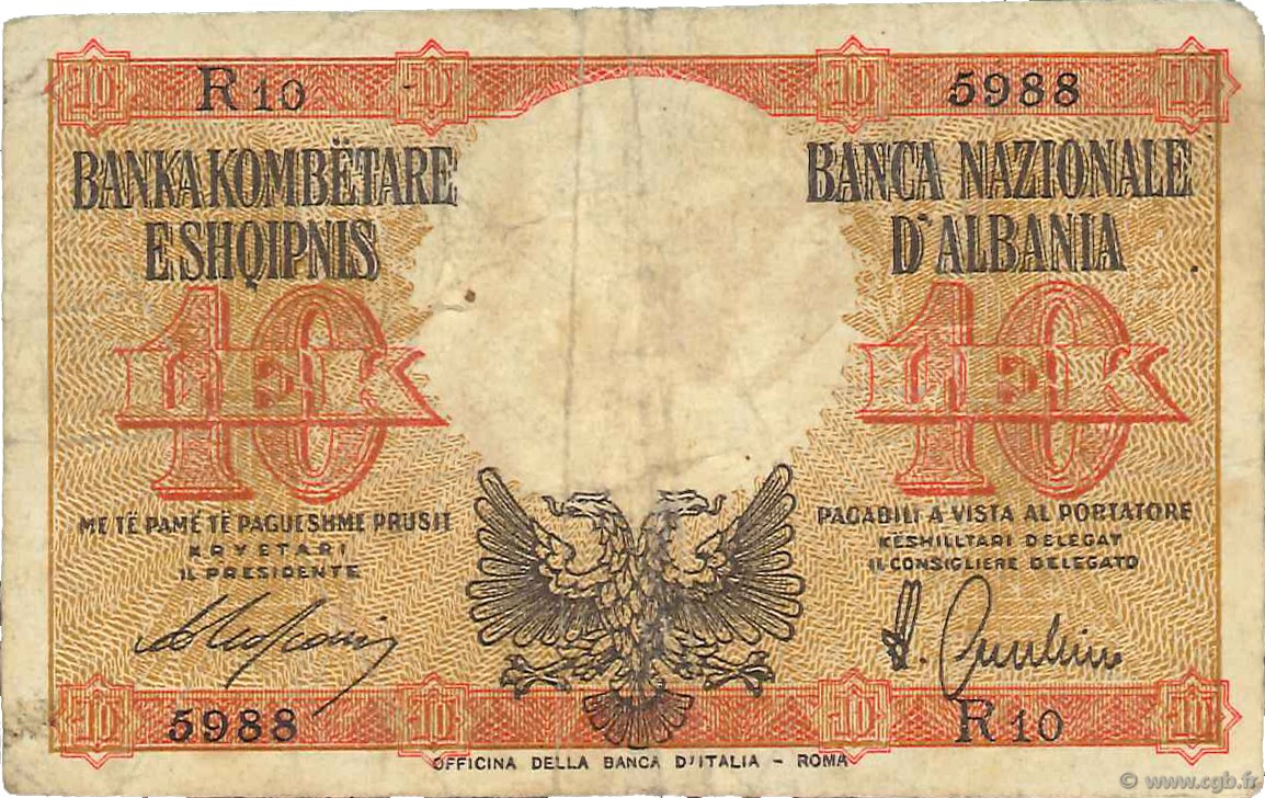 10 Lek ALBANIA  1940 P.11 VG