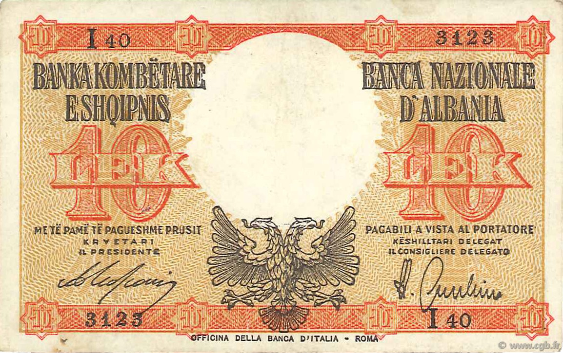 10 Lek ALBANIA  1940 P.11 BB