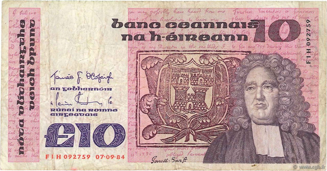 10 Pounds IRELAND REPUBLIC  1984 P.072b VG