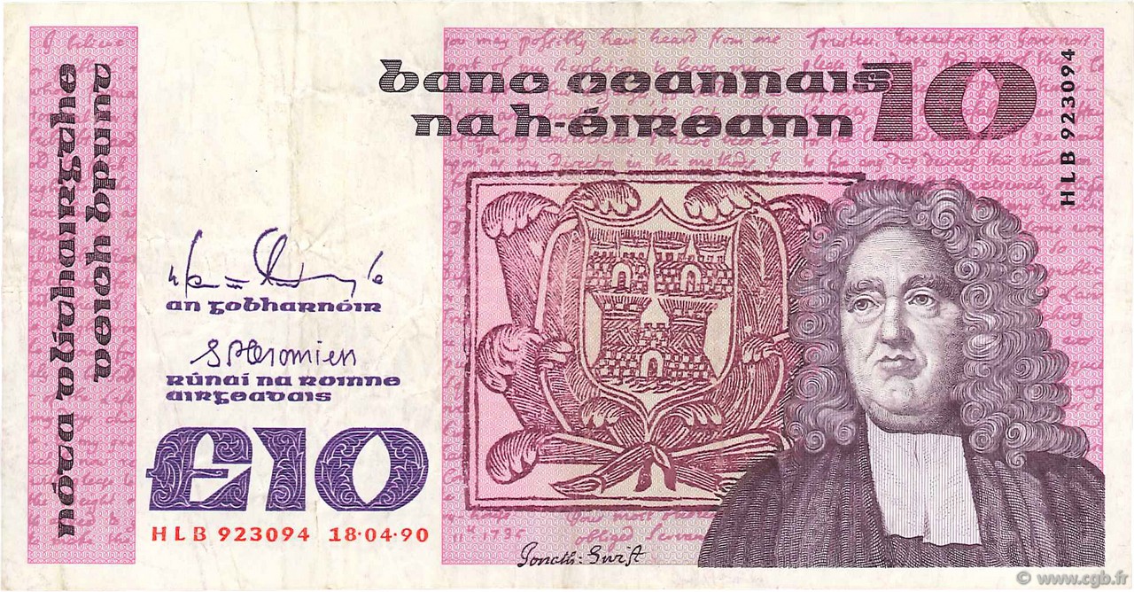 10 Pounds IRELAND REPUBLIC  1990 P.072c VF