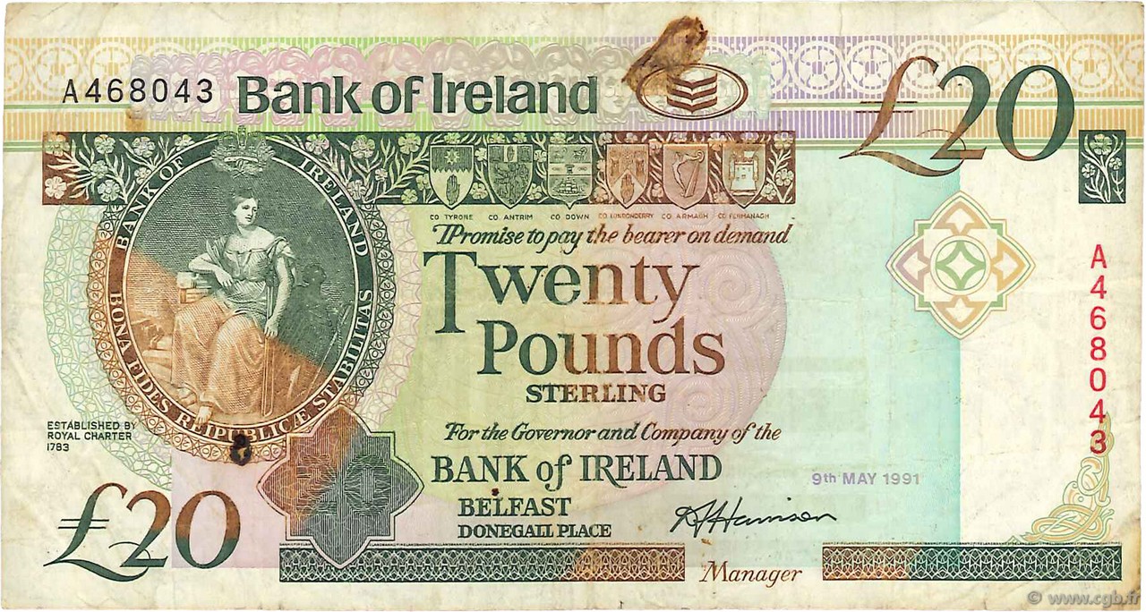 20 Pounds NORTHERN IRELAND  1991 P.072a fSS