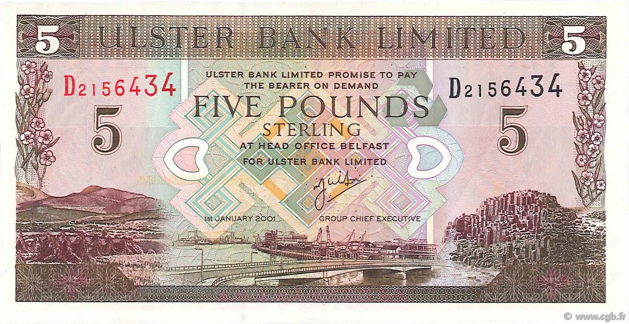 5 Pounds NORTHERN IRELAND  2001 P.335c AU+