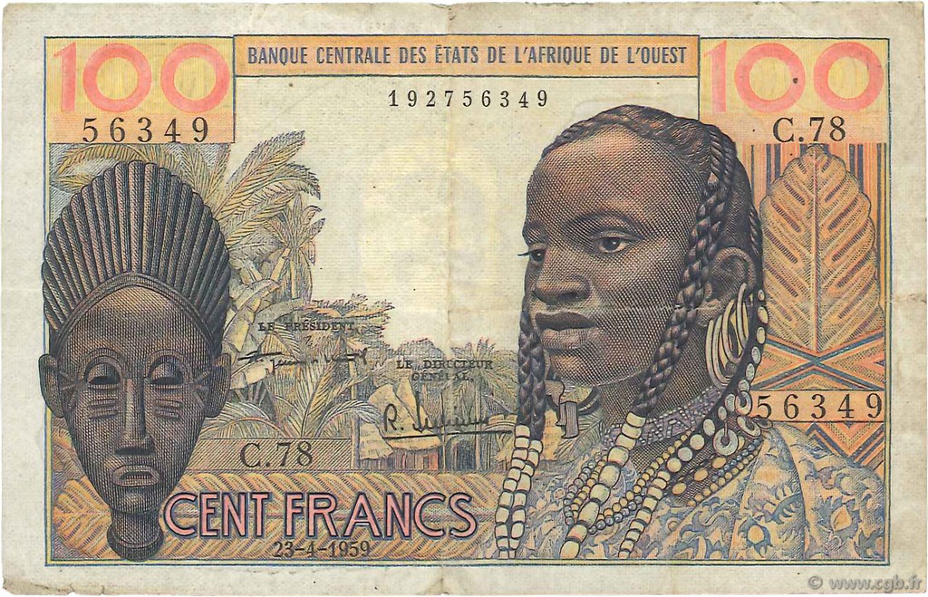 100 Francs STATI AMERICANI AFRICANI  1959 P.002a q.BB