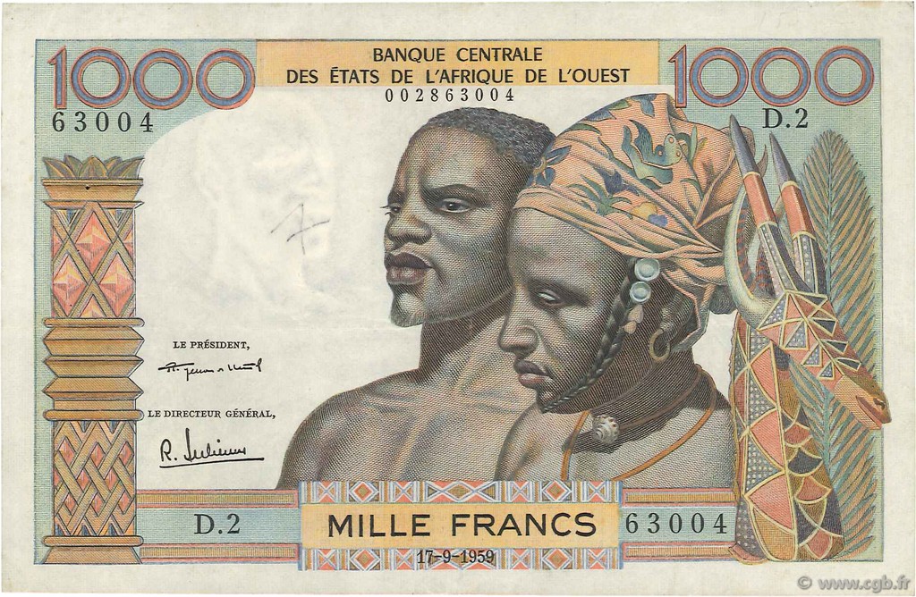 1000 Francs ÉTATS DE L AFRIQUE DE L OUEST  1959 P.004 pr.TTB