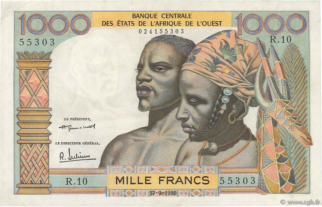 1000 Francs STATI AMERICANI AFRICANI  1959 P.004 SPL+