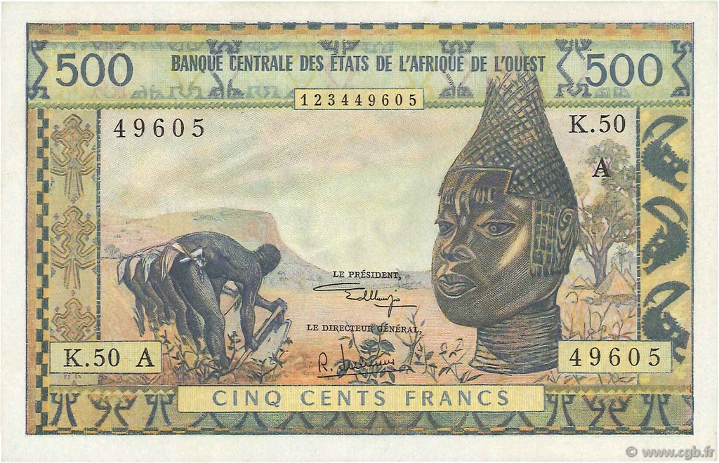 500 Francs WEST AFRICAN STATES  1970 P.102Aj AU