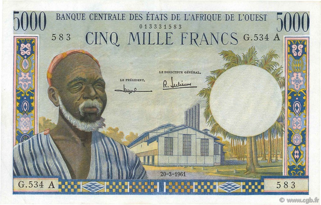 5000 Francs WEST AFRICAN STATES  1961 P.104Ab VF+