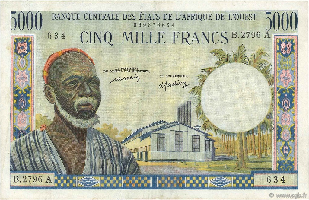 5000 Francs WEST AFRICAN STATES  1970 P.104Aj VF+