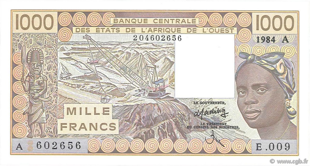 1000 Francs WEST AFRICAN STATES  1984 P.107Ad AU-