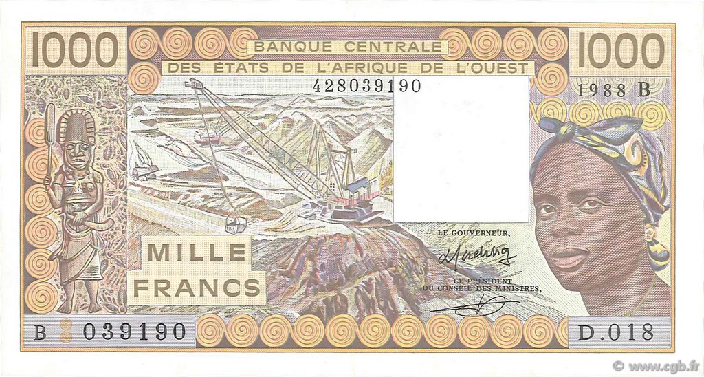 1000 Francs WEST AFRICAN STATES  1988 P.207Ba AU
