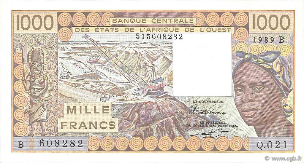1000 Francs WEST AFRICAN STATES  1989 P.207Bh UNC-