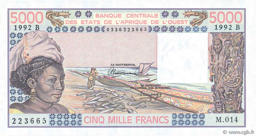 5000 Francs WEST AFRICAN STATES  1992 P.208Bo UNC