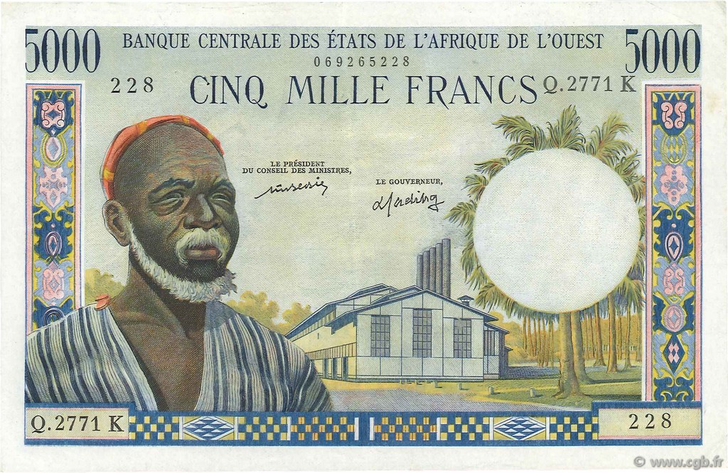 5000 Francs WEST AFRIKANISCHE STAATEN  1977 P.704Km fVZ