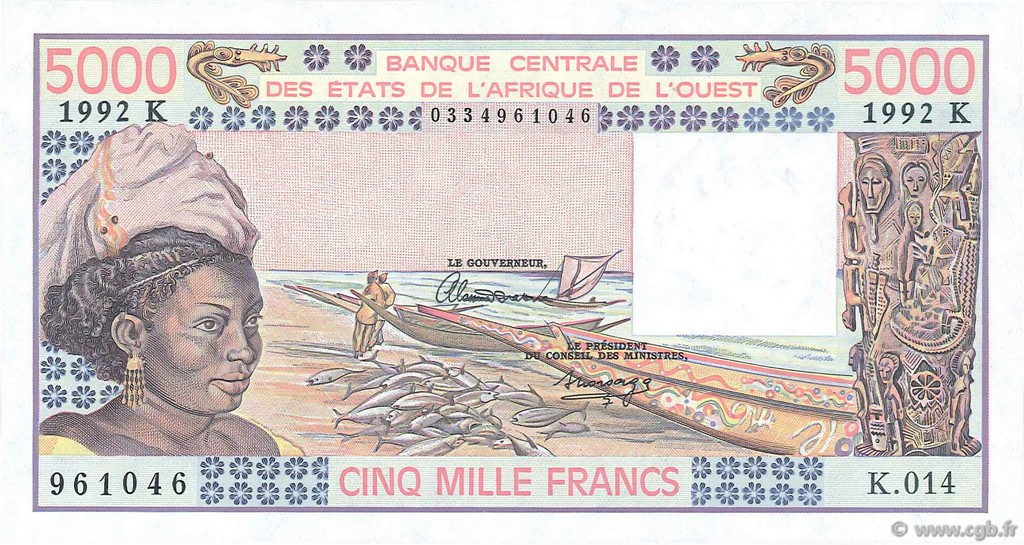 5000 Francs WEST AFRIKANISCHE STAATEN  1992 P.708Kp fST+