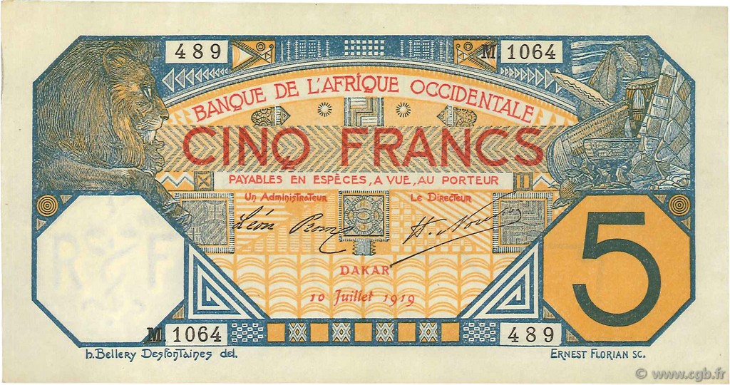 5 Francs DAKAR FRENCH WEST AFRICA Dakar 1919 P.05Ba q.AU