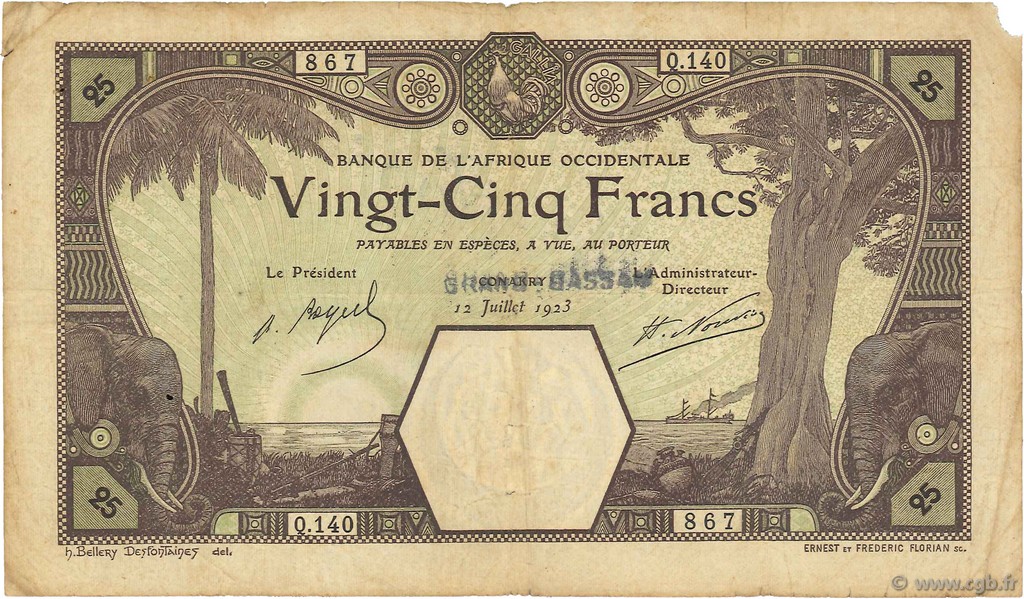 25 Francs GRAND-BASSAM FRENCH WEST AFRICA Grand-Bassam 1923 P.07Db var BC