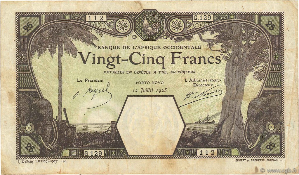 25 Francs PORTO-NOVO FRENCH WEST AFRICA Porto-Novo 1923 P.07Eb MB