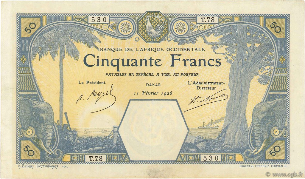 50 Francs DAKAR FRENCH WEST AFRICA Dakar 1926 P.09Bb VF+