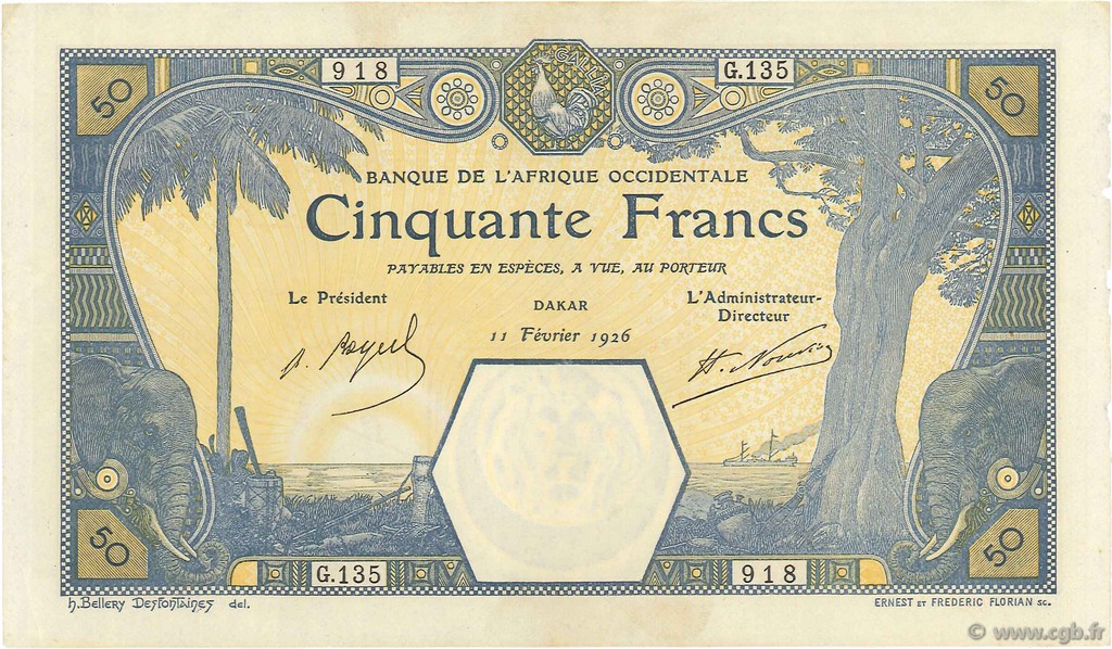 50 Francs DAKAR FRENCH WEST AFRICA Dakar 1926 P.09Bb XF+