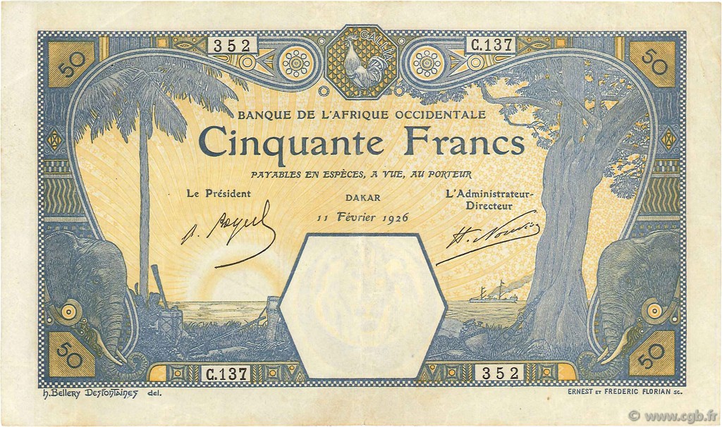 50 Francs DAKAR FRENCH WEST AFRICA Dakar 1926 P.09Bb VF+