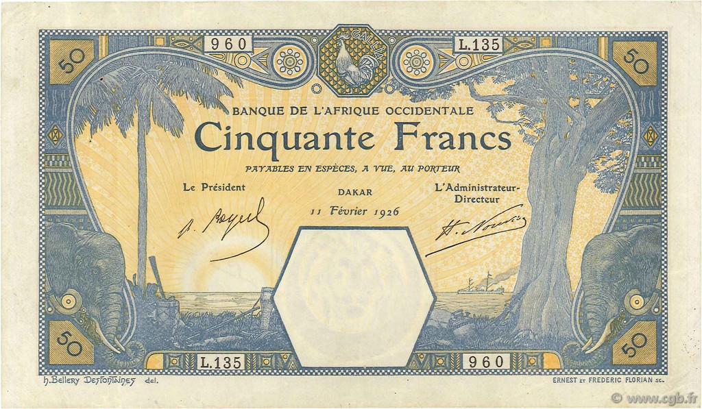 50 Francs DAKAR FRENCH WEST AFRICA Dakar 1926 P.09Bb q.SPL