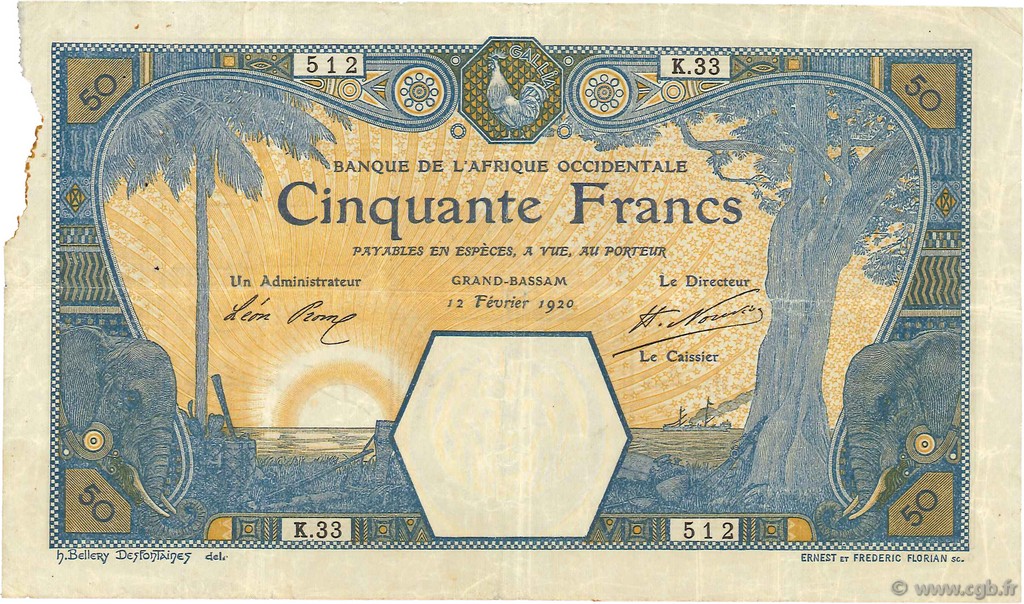 50 Francs GRAND-BASSAM FRENCH WEST AFRICA Grand-Bassam 1919 P.09Da BB
