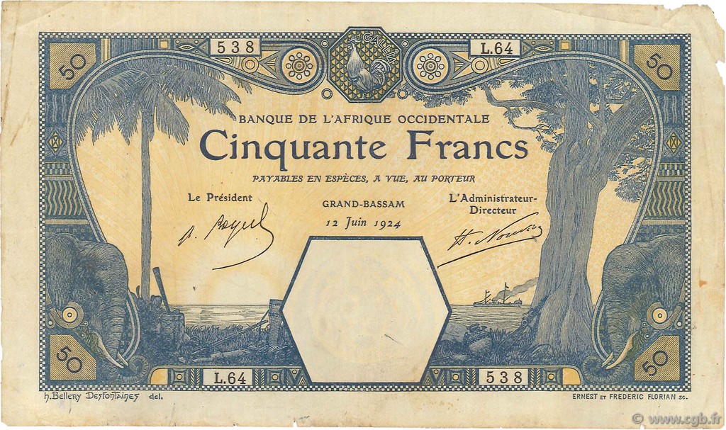 50 Francs GRAND-BASSAM FRENCH WEST AFRICA Grand-Bassam 1924 P.09Db fSS