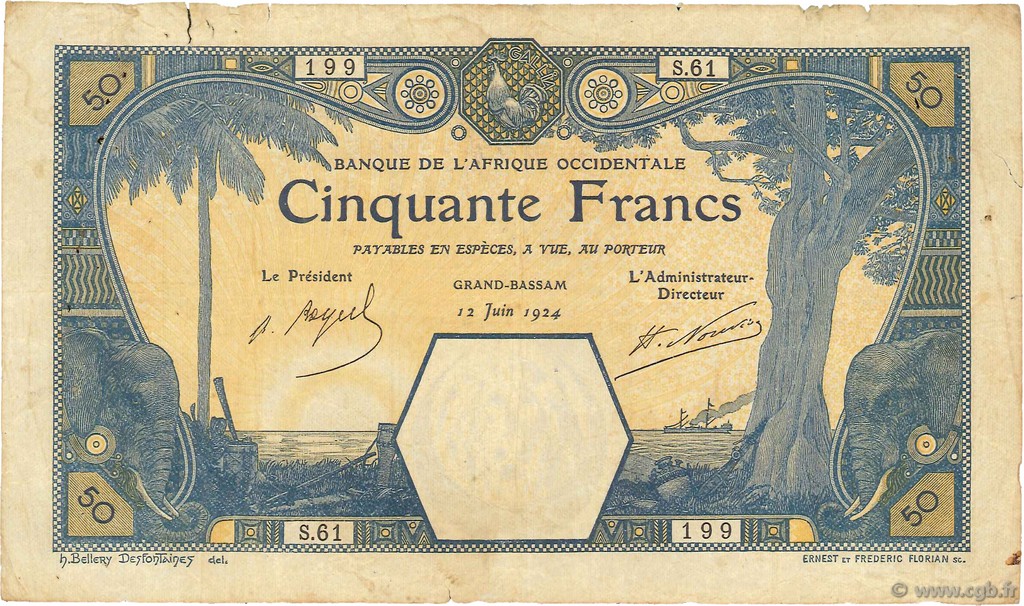 50 Francs GRAND-BASSAM FRENCH WEST AFRICA Grand-Bassam 1924 P.09Db q.BB