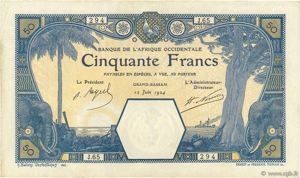 50 Francs GRAND-BASSAM AFRIQUE OCCIDENTALE FRANÇAISE (1895-1958) Grand-Bassam 1924 P.09Db TTB+