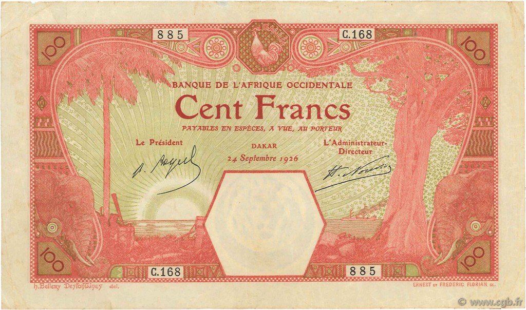 100 Francs DAKAR FRENCH WEST AFRICA Dakar 1926 P.11Bb MBC+
