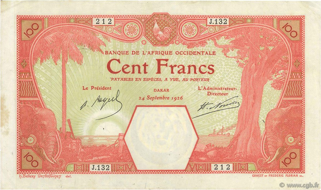 100 Francs DAKAR FRENCH WEST AFRICA Dakar 1926 P.11Bb SS
