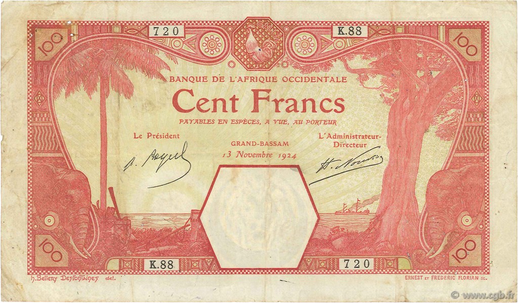 100 Francs GRAND-BASSAM FRENCH WEST AFRICA Grand-Bassam 1924 P.11Dd BC+