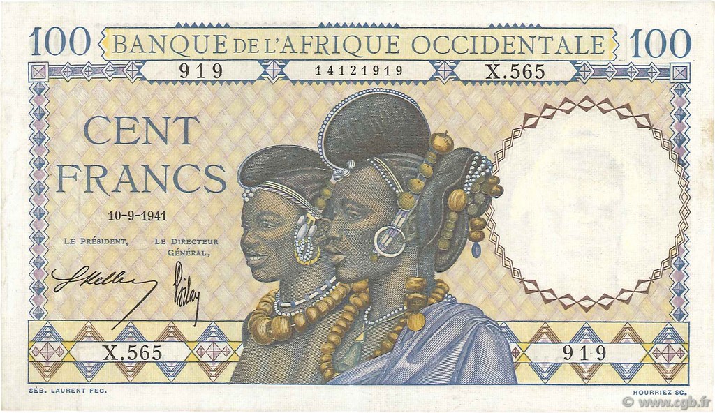 100 Francs FRENCH WEST AFRICA  1941 P.23 XF