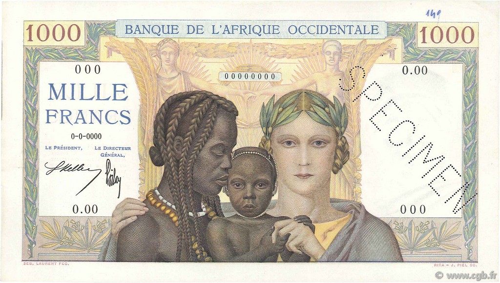 1000 Francs Spécimen FRENCH WEST AFRICA  1937 P.24s EBC+
