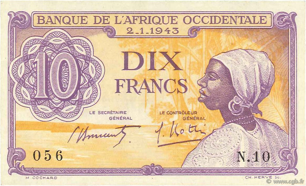10 Francs FRENCH WEST AFRICA  1943 P.29 SC