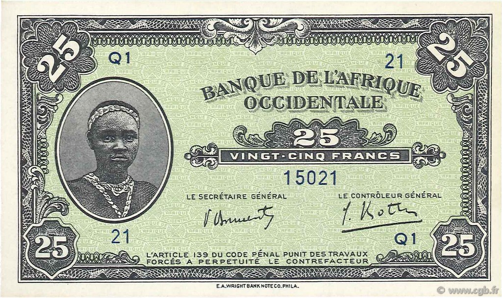 25 Francs FRENCH WEST AFRICA (1895-1958)  1942 P.30b UNC