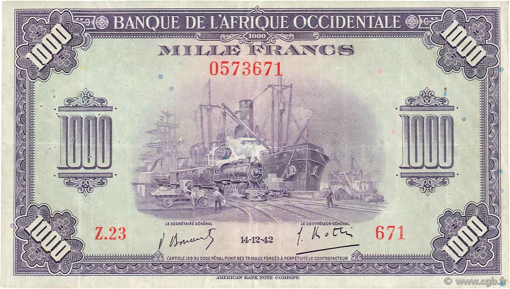 1000 Francs FRENCH WEST AFRICA  1942 P.32a VF