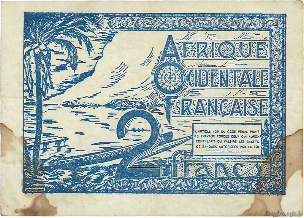 2 Francs FRENCH WEST AFRICA  1944 P.35 BC