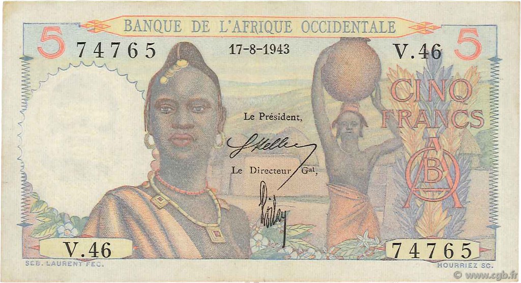 5 Francs AFRIQUE OCCIDENTALE FRANÇAISE (1895-1958)  1943 P.36 TTB+